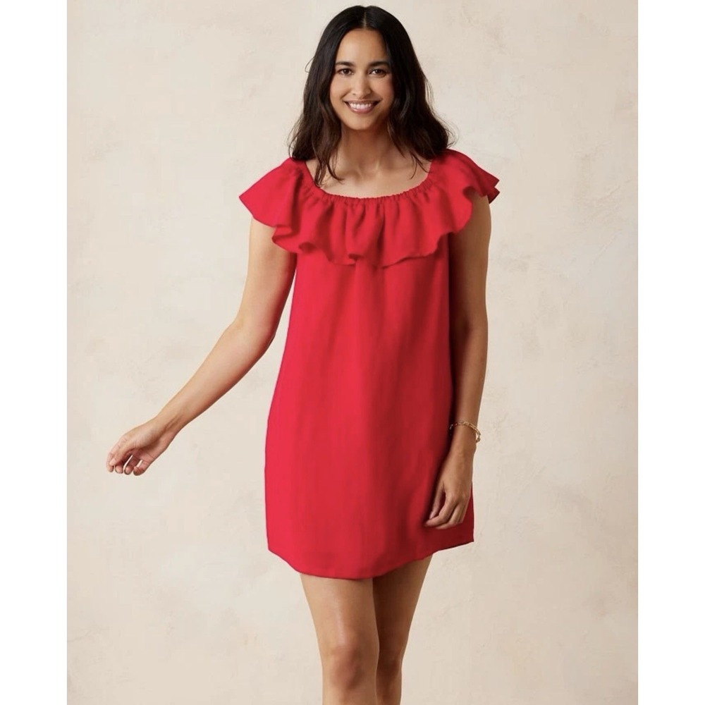 Tommy Bahama Womens Linen-Blend Off-the-Shoulder Mini Dress Size M Red Hibiscus